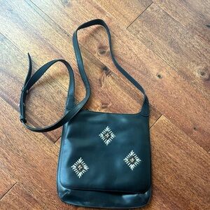 Black Leather Shoulder Bag with Embroidered Accents